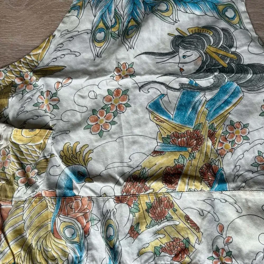 Vintage Geisha and Peacock Print Halter Apron with Pockets